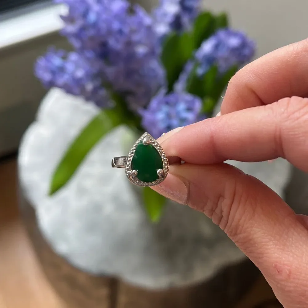 The Green Tear Drop Ring in Tibetan silver sz 6